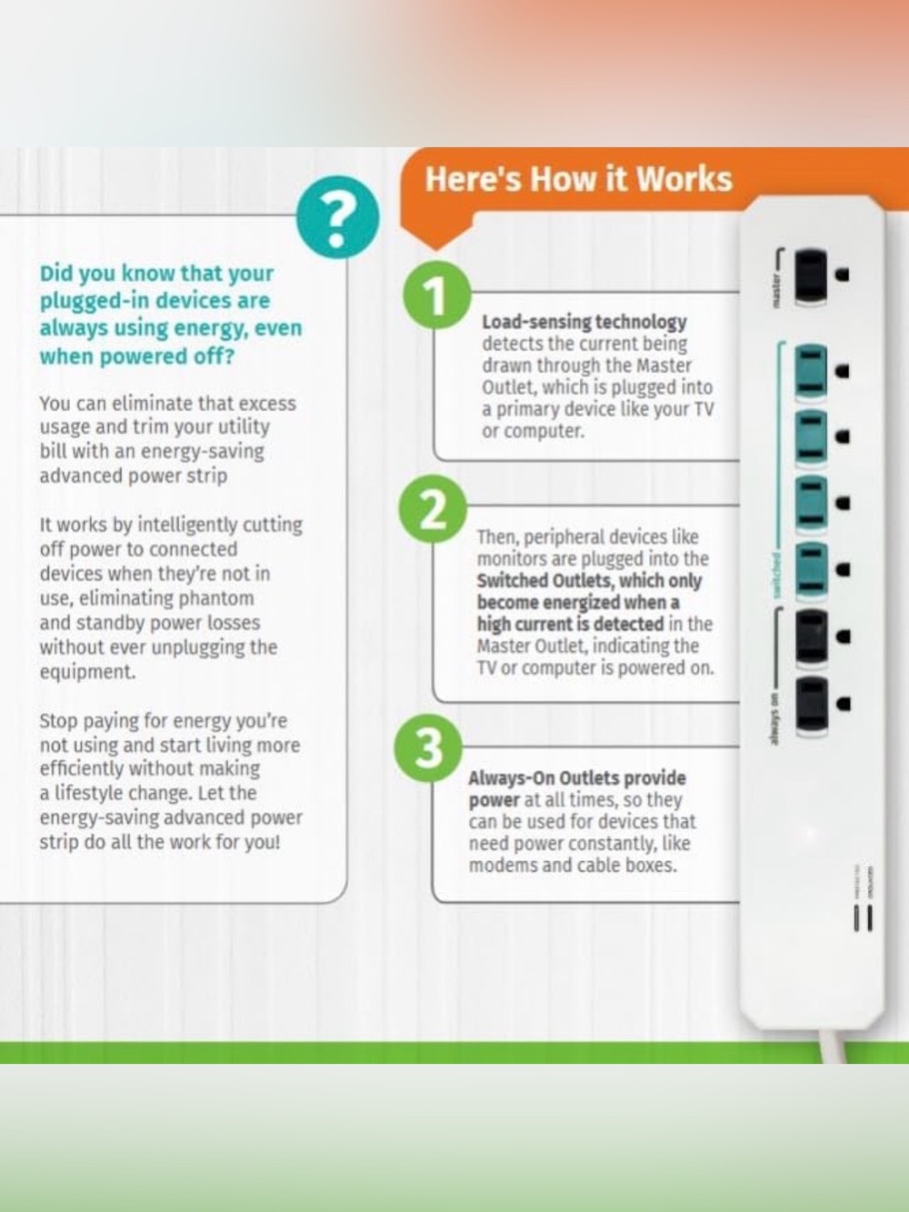 Energy-Saving Surge Protector Power Strip for Conserving Electricity on Devices - Picture 3 of 12
